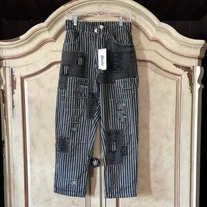 NWT BlueVelvet Black and Gray Railroad Striped Patchwork Jeans size S/M
